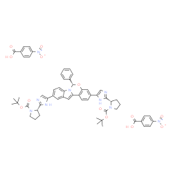 1-Pyrrolidinecarboxylic acid, 2,2'-[[(6S)-6-phenyl-6H-indolo[1,2-c][1,3]benzoxazine-3,10-diyl]di-1H-imidazole-5,2-diyl]bis-, 1,1'-bis(1,1-dimethylethyl) ester, (2S,2'S)-, 4-nitrobenzoate structure