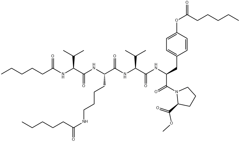 N-(1-Oxohexyl)-L-Val-N6-(1-oxohexyl)-L-Lys-L-Val-O-(1-oxohexyl)-L-Tyr-L-Pro-OMe structure