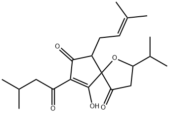 9-Hydroxy-2-isopropyl-8-isovaleryl-6-(3-methyl-2-butenyl)-1-oxaspiro[4.4]non-8-ene-4,7-dione structure