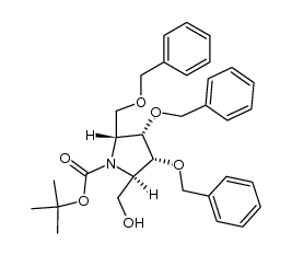 (2R,3R,4S,5R)-N-tert-butyloxycarbonyl-(3,4-dibenzyloxy-5-benzyloxymethyl-2-hydroxymethyl)-pyrrolidine Structure