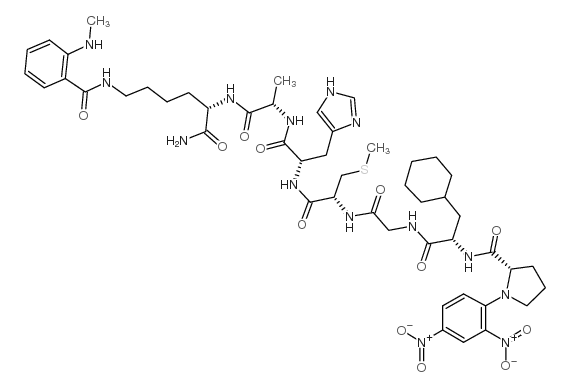 Dnp-Pro-β-cyclohexyl-Ala-Gly-Cys(Me)-His-Ala-Lys(N-Me-Abz)-NH2 Structure