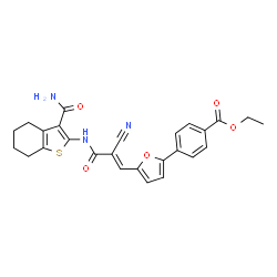 ethyl (E)-4-(5-(3-((3-carbamoyl-4,5,6,7-tetrahydrobenzo[b]thiophen-2-yl)amino)-2-cyano-3-oxoprop-1-en-1-yl)furan-2-yl)benzoate结构式