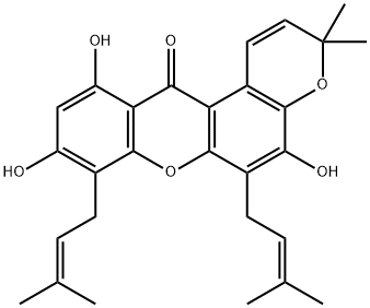 5,9,11-Trihydroxy-3,3-dimethyl-6,8-bis(3-methyl-2-butenyl)pyrano[3,2-a]xanthen-12(3H)-one结构式