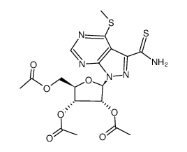 1-(2',3',5'-Tri-O-acetyl-β-D-ribofuranosyl)-3-thiocarbamoyl-4-methylmercaptopyrazolo(3,4-d)pyrimidine Structure