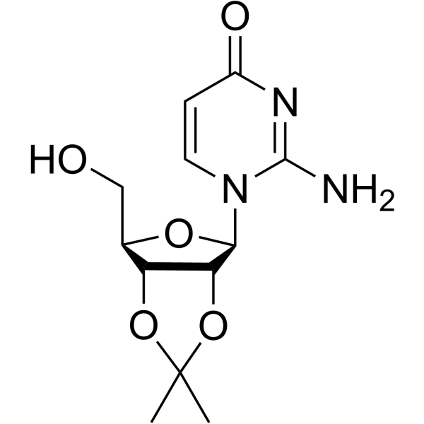 2-氨基-1-[2,3-O-(异丙亚基)-BETA-D-呋喃核糖基]-4(1H)-嘧啶酮结构式