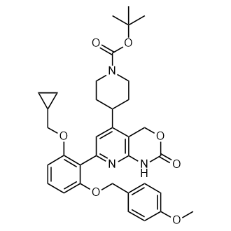 叔丁基4-(7-(2-(环丙基甲氧基)-6-((4-甲氧基苄基)氧基)苯基)-2-氧代-2,4-二氢-1H-吡啶并[2,3-d][11,3]噁嗪-5-基)哌啶-1-羧酸叔丁酯结构式