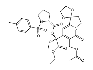 ethyl (S)-2-[N-tosyl-(R)-prolyloxy]-2-[6-(acetoxymethyl)-1,1-(ethylenedioxy)-5-oxo-1,2,3,5-tetrahydroindolizin-7-yl]butanoate结构式