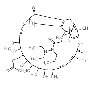 Acetic acid, ((1,2-dihydro-5,6,17,19,21-pentahydroxy-23-methoxy-2,4,12,16,18,20,22-heptamethyl-1,11-dioxo-2,7-(epoxypentadeca(1,11,13)trienimino)naphtho(2,1-b)furan-9-yl)oxy)-, 21-acetate, 2,2-diethyl Structure