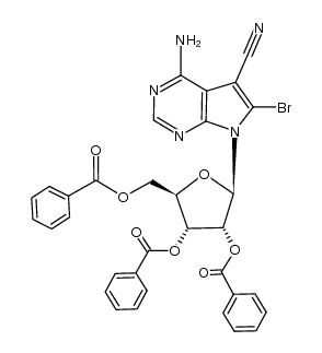 4-amino-6-bromo-5-cyano-7-(2,3,5-tri-O-benzoyl-β-D-ribofuranosyl)pyrrolo[2,3-d]pyrimidine结构式