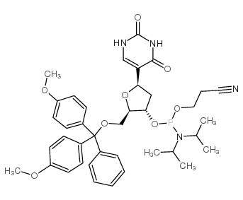 3-[[(2R,3S,5R)-2-[[bis(4-methoxyphenyl)-phenylmethoxy]methyl]-5-(2,4-dioxopyrimidin-1-yl)oxolan-3-yl]oxy-[di(propan-2-yl)amino]phosphanyl]oxypropanenitrile Structure