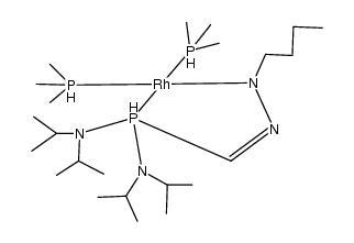 5-bis(trimethylphosphine)rhoda-4-bis(diisopropylamino)phospha-1-n-butyl-Δ2-pyrazoline Structure
