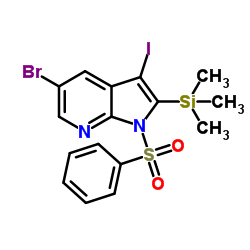 5-Bromo-3-iodo-1-(phenylsulfonyl)-2-(trimethylsilyl)-1H-pyrrolo[2,3-b]pyridine结构式