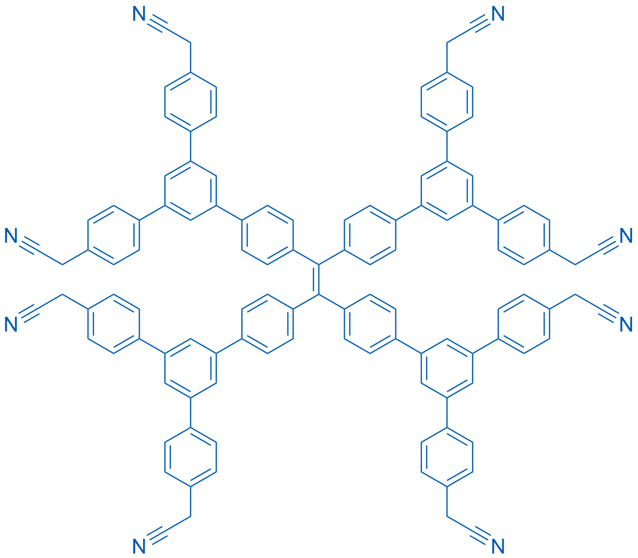 2,2',2'',2''',2'''',2''''',2'''''',2'''''''-((Ethene-1,1,2,2-tetrayltetrakis(benzene-4,1-diyl))tetrakis([1,1':3',1''-terphenyl]-5',4,4''-triyl))octaacetonitrile structure