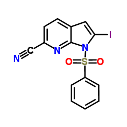 1-(Phenylsulphonyl)-6-cyano-2-iodo-7-azaindole结构式