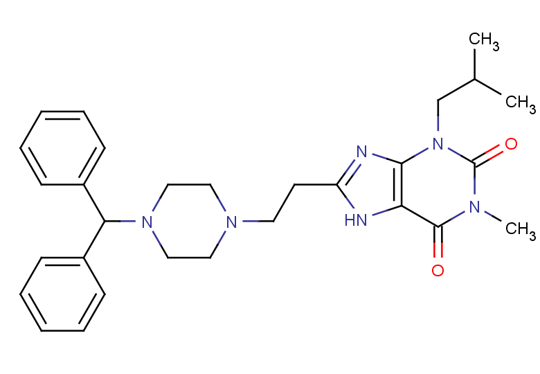 8-[2-(4-benzhydrylpiperazin-1-yl)ethyl]-1-methyl-3-(2-methylpropyl)-7H-purine-2,6-dione picture