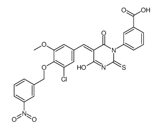 3-[5-[[3-chloro-5-methoxy-4-[(3-nitrophenyl)methoxy]phenyl]methylidene]-4,6-dioxo-2-sulfanylidene-1,3-diazinan-1-yl]benzoic acid Structure