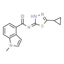 N-[(2E)-5-cyclopropyl-1,3,4-thiadiazol-2(3H)-ylidene]-1-methyl-1H-indole-4-carboxamide structure