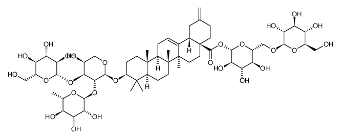 O-β-D-glucopyranosyl-(1->6)-β-D-glucopyranosyl 3-[(O-β-D-glucopyranosyl-(1->3)-O-[α-L-rhamnopyranosyl-(1->2)]-α-L-arabinopyranosyl)oxy]-30-noroleana-12,20(29)-dien-28-oate结构式