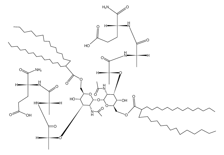 2,2'-O-(2,2'-diacetamido-2,3,2',3'-tetradeoxy-6,6'-di-O-(2-tetradecylhexadecanoyl)-alpha,alpha'-trehalose-3,3'-diyl)bis(N-lactoyl-alanyl-isoglutamine) Structure