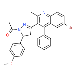 1-(3-(6-bromo-2-methyl-4-phenylquinolin-3-yl)-5-(4-methoxyphenyl)-4,5-dihydro-1H-pyrazol-1-yl)ethan-1-one structure