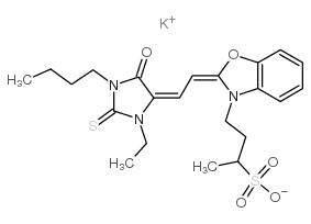 3-butyl-1-ethyl-5-[2-(3-sulfobutyl-benzo[1,3]oxazolin-2-ylidene)-ethylidene]-2-thioxo-imidazolidin-4-one potassium salt structure