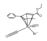 (η5-1-(CO2C2H5)-2-methyl-4-phenylcyclopentadienyl)dicarbonylruthenium(II) bromide结构式