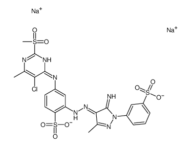 disodium,4-[(5-chloro-6-methyl-2-methylsulfonylpyrimidin-4-yl)amino]-2-[(2E)-2-[5-imino-3-methyl-1-(3-sulfonatophenyl)pyrazol-4-ylidene]hydrazinyl]benzenesulfonate Structure
