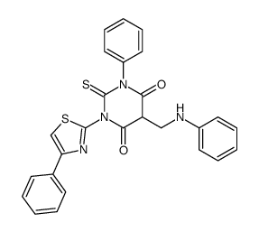 5-(anilinomethyl)-1-phenyl-3-(4-phenyl-1,3-thiazol-2-yl)-2-sulfanylidene-1,3-diazinane-4,6-dione结构式