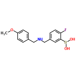 (2-fluoro-5-(((4-methoxybenzyl)amino)methyl)phenyl)boronic acid structure
