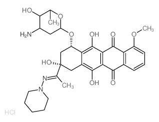 5,12-Naphthacenedione, 10-[(3-amino-2,3,6-trideoxy-.alpha.- D-lyxo-hexopyranosyl)oxy]-7,8,9,10-tetrahydro-6,8,11- trihydroxy-1-methoxy-8-[1-[(1-piperidinyl)imino]ethyl]-, monohydrochloride结构式