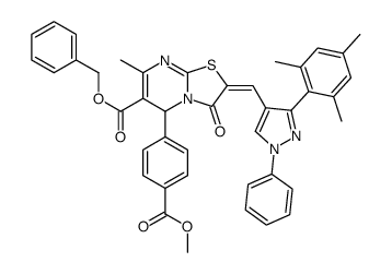 benzyl 5-(4-methoxycarbonylphenyl)-7-methyl-3-oxo-2-[[1-phenyl-3-(2,4,6-trimethylphenyl)pyrazol-4-yl]methylidene]-5H-[1,3]thiazolo[3,2-a]pyrimidine-6-carboxylate Structure