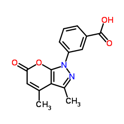 3-(3,4-Dimethyl-6-oxopyrano[2,3-c]pyrazol-1(6H)-yl)benzoic acid结构式