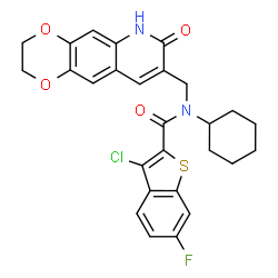 Benzo[b]thiophene-2-carboxamide, 3-chloro-N-cyclohexyl-6-fluoro-N-[(2,3,6,7-tetrahydro-7-oxo-1,4-dioxino[2,3-g]quinolin-8-yl)methyl]- (9CI) picture