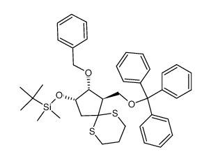 (2R,3R,4S)-[3-benzyloxy-4-(tert-butyldimethylsilyloxy)-2-trityloxymethyl]cyclopentan-1-one-1,3-propanedithioketal结构式