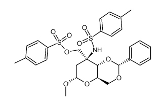 Methyl-4,6-O-benzyliden-2,3-didesoxy-3-tosylamino-3-C-tosyloxymethyl-α-D-arabino-hexopyranosid Structure