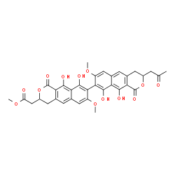 (-)-7,7'-Dimethoxy-3-(methoxycarbonylmethyl)-3'-(2-oxopropyl)-9,9',10,10'-tetrahydroxy-3,3',4,4'-tetrahydro-8,8'-bi[1H-naphtho[2,3-c]pyran]-1,1'-dione structure