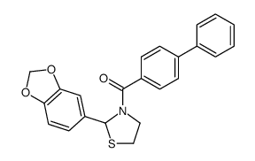 [2-(1,3-benzodioxol-5-yl)-1,3-thiazolidin-3-yl]-(4-phenylphenyl)methanone结构式