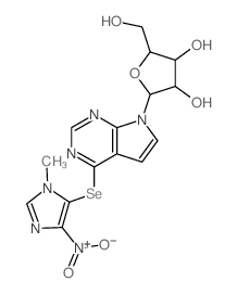 2-(hydroxymethyl)-5-[5-(3-methyl-5-nitro-imidazol-4-yl)selanyl-2,4,9-triazabicyclo[4.3.0]nona-2,4,7,10-tetraen-9-yl]oxolane-3,4-diol structure