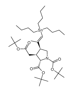 di-tert-butyl (2S,3S,4S)-3-((tert-butoxycarbonyl)methyl)-4-((E)-1-(tributylstannyl)prop-1-en-2-yl)pyrrolidine-1,2-dicarboxylate结构式