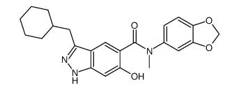 5-[N-(benzo-1,3-dioxol-5-yl)-N-methylaminocarbonyl]-3-cyclohexylmethyl-6-hydroxy-1H-indazole结构式