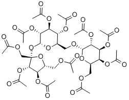O-2,3,4,6-tetra-O-acetyl-α-D-galactopyranosyl-(1→6)-1,3,4-tri-O-acetyl-β-D-fructofuranosyl-α-D-glucopyranoside tetraacetate结构式