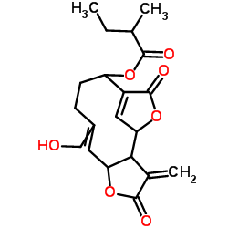 Butanoic acid, 2-methyl-, 2,3,3a,4,8,9,10,12a-octahydro-11-(hydroxymet hyl)-3-methylene-2,6-dioxo-6H-4,7-methenofuro(3,2-c)oxacycloundecin-8- yl ester Structure