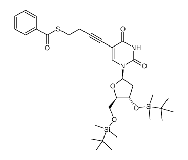 5-(4-benzoylthiobut-1-ynyl)-3',5'-O-bis(tert-butyldimethylsilyl)-2'-deoxyuridine结构式