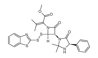 methyl 2-((2R,3R)-2-(benzo[d]thiazol-2-yldisulfanyl)-3-((R)-2,2-dimethyl-5-oxo-4-phenylimidazolidin-1-yl)-4-oxoazetidin-1-yl)-3-methylbut-2-enoate结构式
