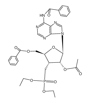 9-(2-O-acetyl-5-O-benzoyl-3-deoxy-3-diethoxyphosphorylmethyl-α-D-ribofuranosyl)-6-benzamidopurine结构式