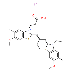 3-(2-carboxyethyl)-2-[2-[(3-ethyl-6-methoxy-5-methyl-3H-benzothiazol-2-ylidene)methyl]but-1-enyl]-6-methoxy-5-methylbenzothiazolium iodide结构式