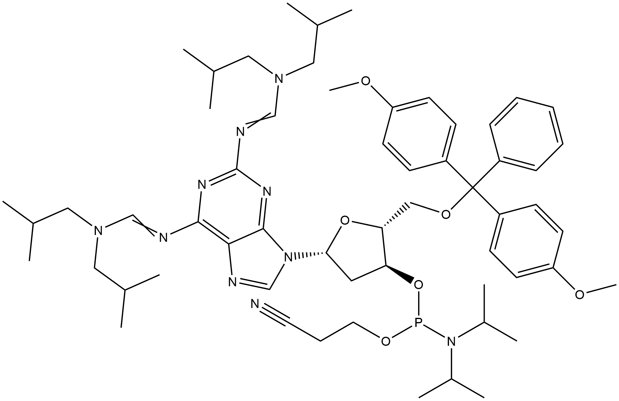 Adenosine, 5'-O-[bis(4-methoxyphenyl)phenylmethyl]-N-[[bis(2-methylpropyl)amino]methylene]-2-[[[bis(2-methylpropyl)amino]methylene]amino]-2'-deoxy-, 3'-[2-cyanoethyl N,N-bis(1-methylethyl)phosphoramidite] Structure