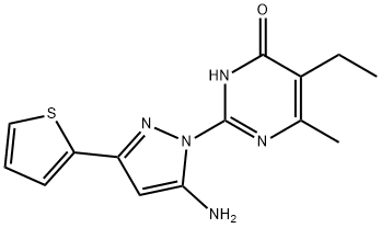 2-[5-氨基-3-(2-噻吩基)-1H-吡唑-1-基]-5-乙基-6-甲基嘧啶-4(3H)-酮结构式